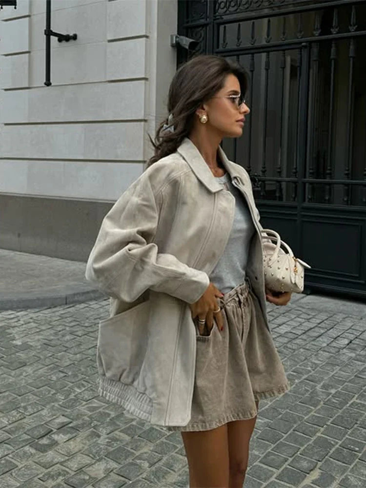 Do Old Suede Jacket Coat White Workwear Style Lapel Casual Simple Retro Leather Tooling Jackets Loose Wide Fit Slimming Outwear