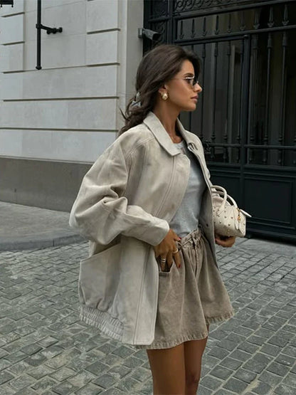 Do Old Suede Jacket Coat White Workwear Style Lapel Casual Simple Retro Leather Tooling Jackets Loose Wide Fit Slimming Outwear