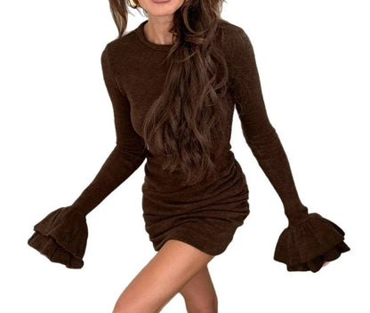 Autumn and Winter New Flared Sleeve Round Neck Slim Fit Dress for Women Knitted Brushed Warm and Fashionable