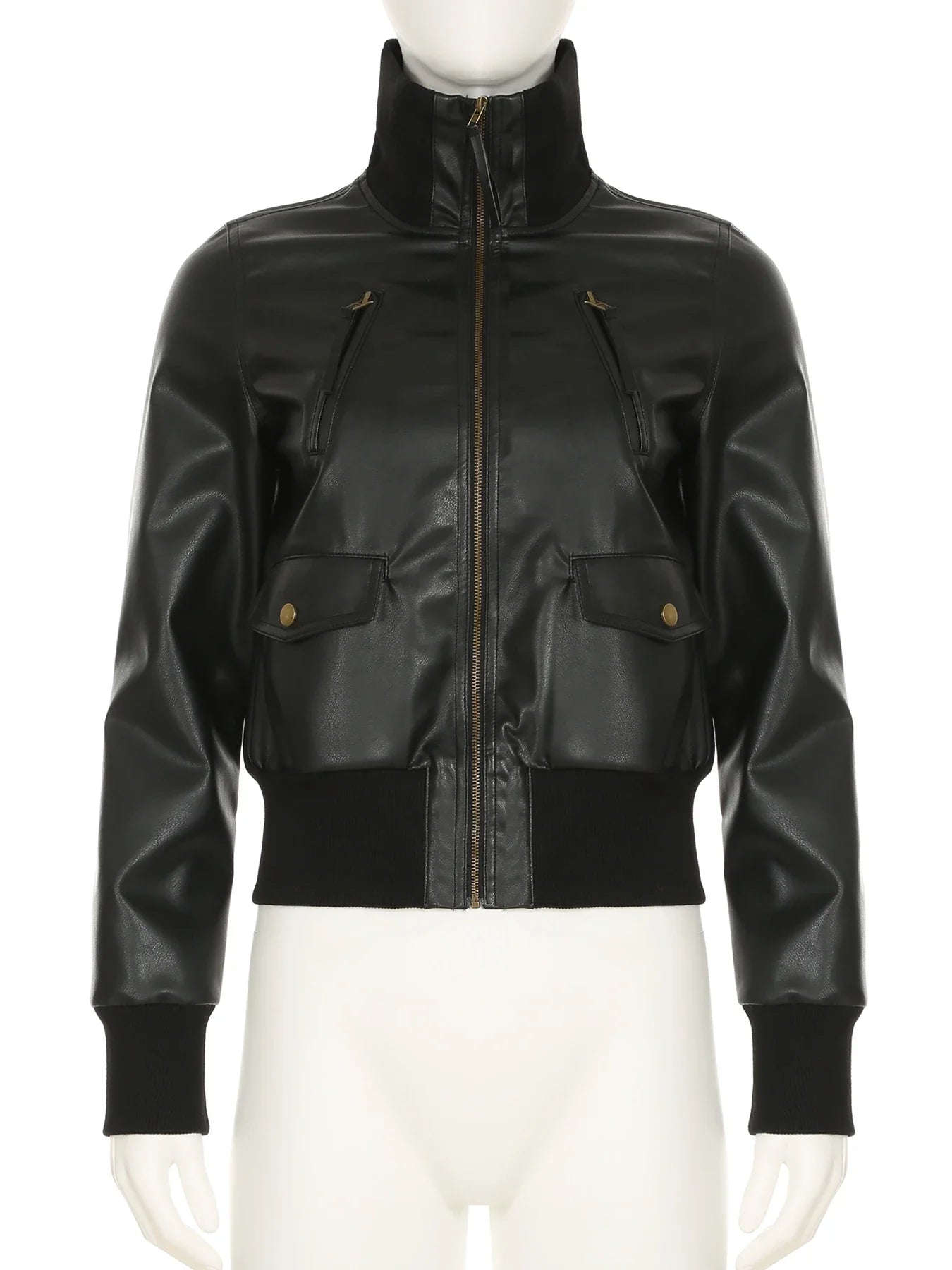 Locomotive Style Solid Pu Leather Jackets Casual Stand Collar Zipper Long Sleeve Coats Women Autumn Winter Ladies