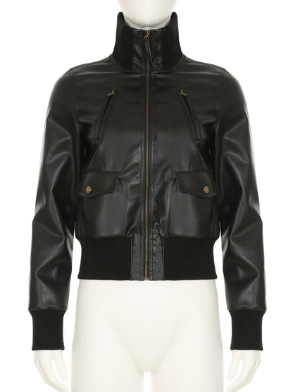 Locomotive Style Solid Pu Leather Jackets Casual Stand Collar Zipper Long Sleeve Coats Women Autumn Winter Ladies