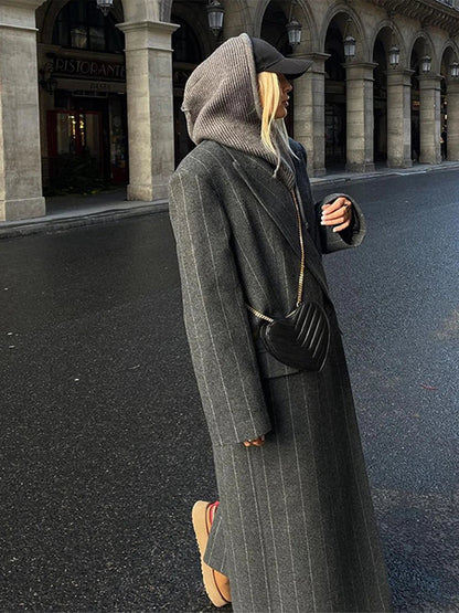 Casual Gray Striped Women Long Coats Elegant Woolen Lapel Long Sleeve Back Split Loose Jackets Autumn Chic Street Outwears