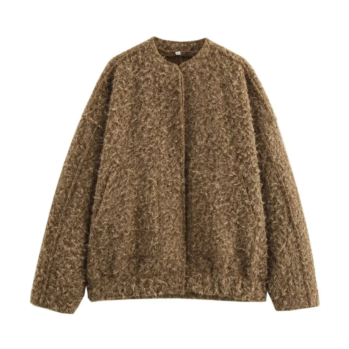 Vintage Solid Bomber Jacket Women Stand Collar Single Breasted Woolen Coat Streetwear Casual Fashion Long Sleeve Outerwear New