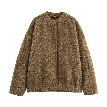 Vintage Solid Bomber Jacket Women Stand Collar Single Breasted Woolen Coat Streetwear Casual Fashion Long Sleeve Outerwear New