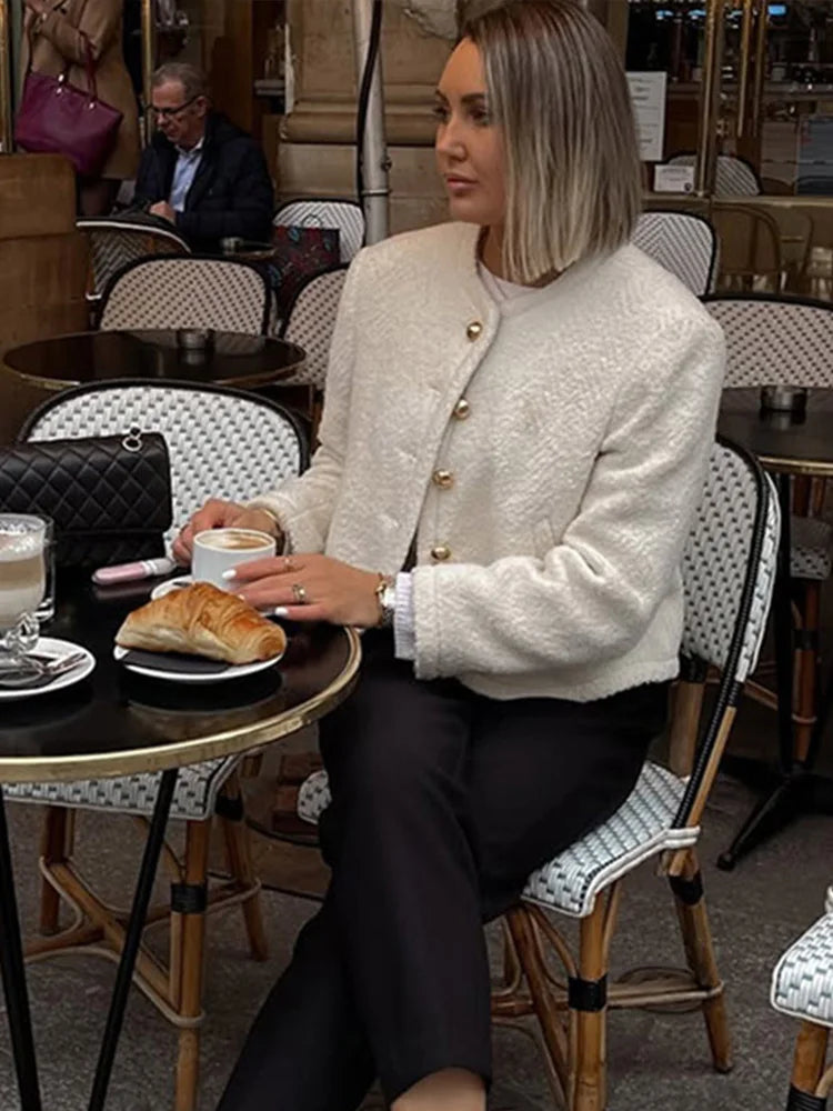 Elegant Solid O-neck Plush Short Coats Women Retro Slim Fit Single Breasted Jackets Female New Spring Chic Office Outwear