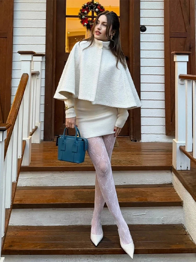 Elegant Cloak Women Loose High Neck A Line Hidden Button Coats Female 2025 Spring New Fashion Solid Soft Chic Cloaks Lady