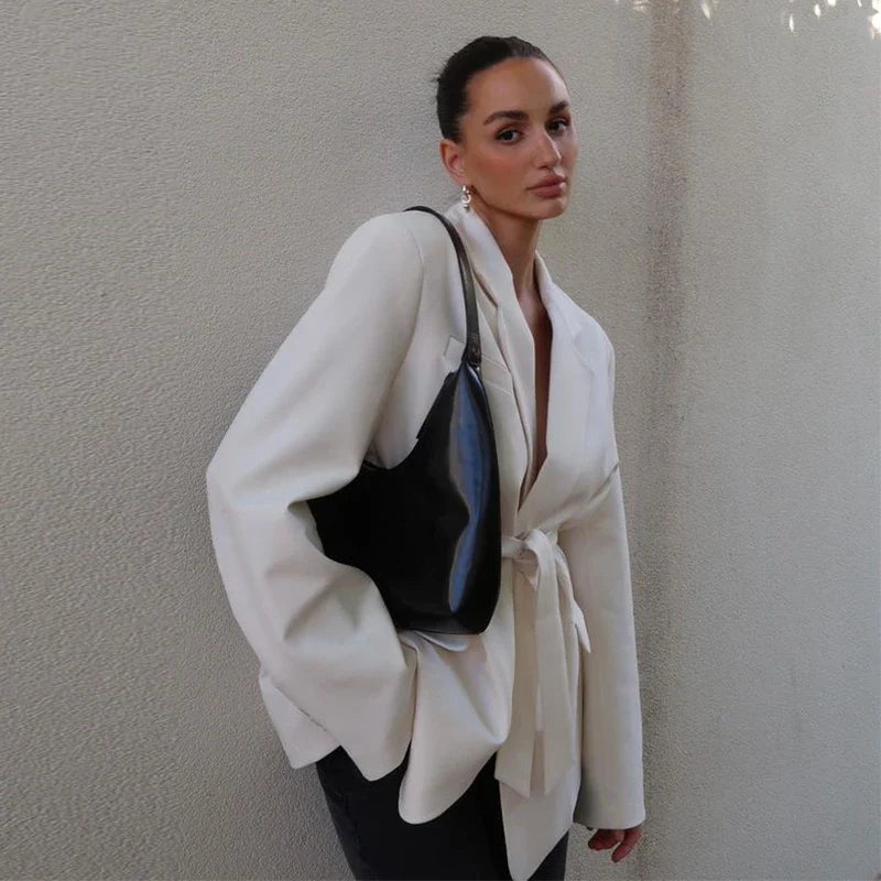 Women's Loose Waist Cinching Belt Full Sleeve Jacket Female Tailored Coat 2025 Chic Retro Elegant Lapel Suit Jackets Streetwear