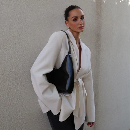 Women's Loose Waist Cinching Belt Full Sleeve Jacket Female Tailored Coat 2025 Chic Retro Elegant Lapel Suit Jackets Streetwear
