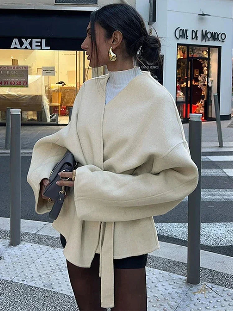 Elegant Lace Up Coat For Women V-neck Long Sleeve Slim Jacket Cardigan 2025 Autumn Winter Lady Streetwear Outwear New In Coats