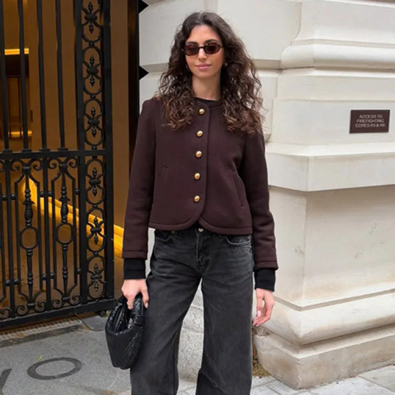 Elegant Solid O-neck Plush Short Coats Women Retro Slim Fit Single Breasted Jackets Female New Spring Chic Office Outwear