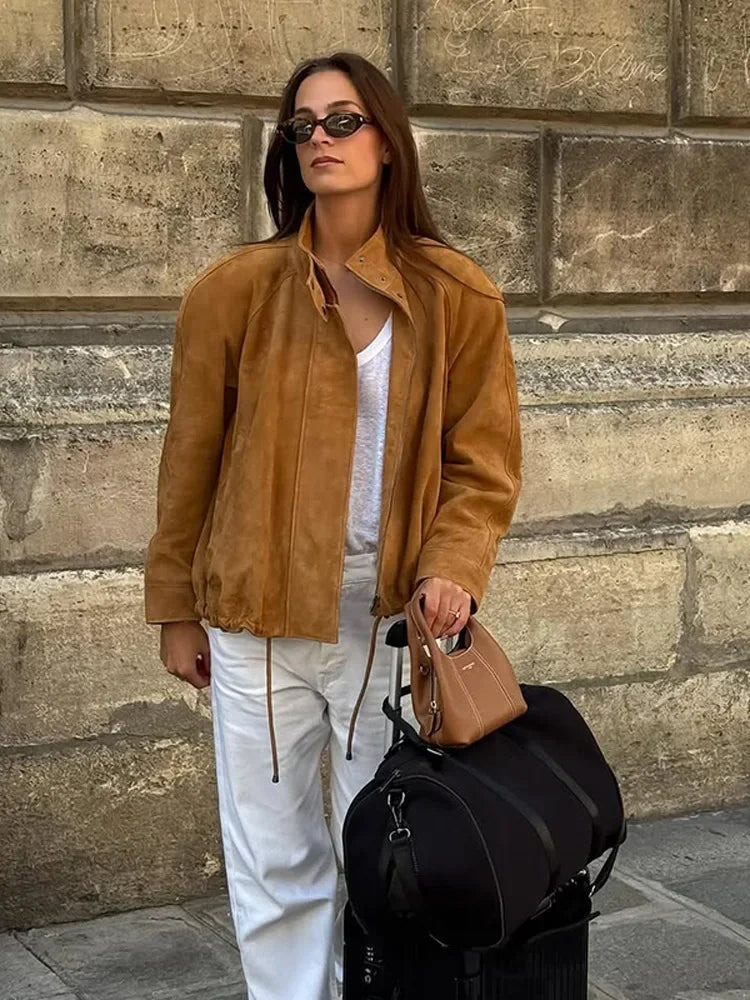 Casual Long Sleeve Stand Collar Female Coats Vintage Suede Zipper Jacket for Women Autumn New Lady Pockets Outerwear Street