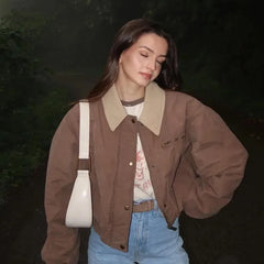 Casual Lapel Single Breasted Pocket Women's Bomber Jacket Vintage Long Sleeves Elastic Hem Loose Winter Coat 2024 Chic Outerwear