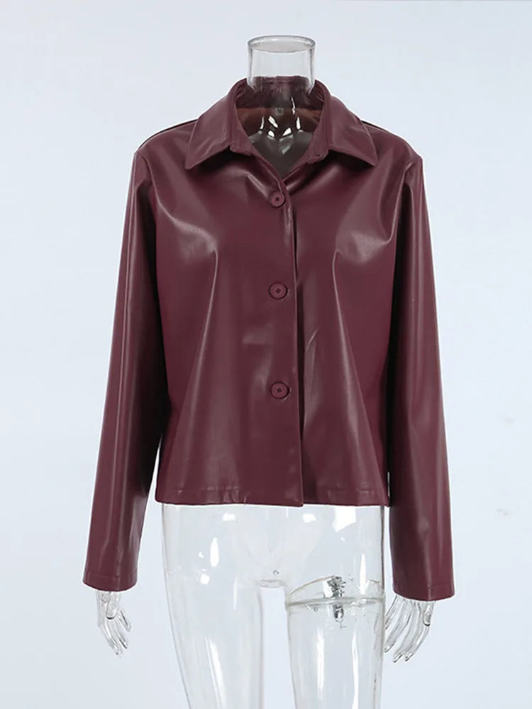 Burgundy Faux Leather Jackets Women Moto Biker Lapel Zipper Long Sleeve Female Coats 2025 Spring Casual Lady Street Outwear