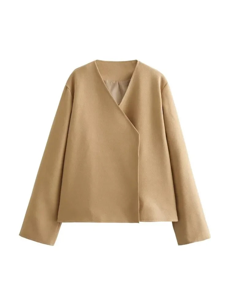 Women V-neck Khaki Thicken Wool Jacket Autumn Winter Chic Loose Blend Coat Female Streetwear Warm Outfit Coats for Women