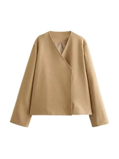 Women V-neck Khaki Thicken Wool Jacket Autumn Winter Chic Loose Blend Coat Female Streetwear Warm Outfit Coats for Women