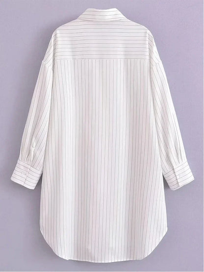 White Stripe Shirt Dress Women Autumn Spring Slit Casual Oversize Single Breasted Turn Down Collar Short Summer Dress
