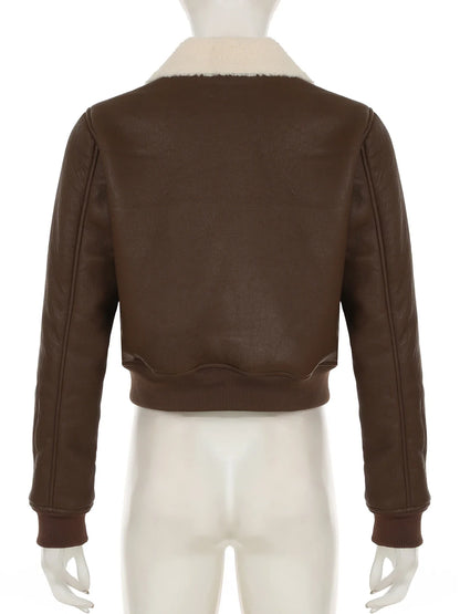 Casual Solid Patchwork Pu Leather Jackets Basic Turn-Down Collar Long Sleeve Coats Women Autumn Winter Fashion Lady