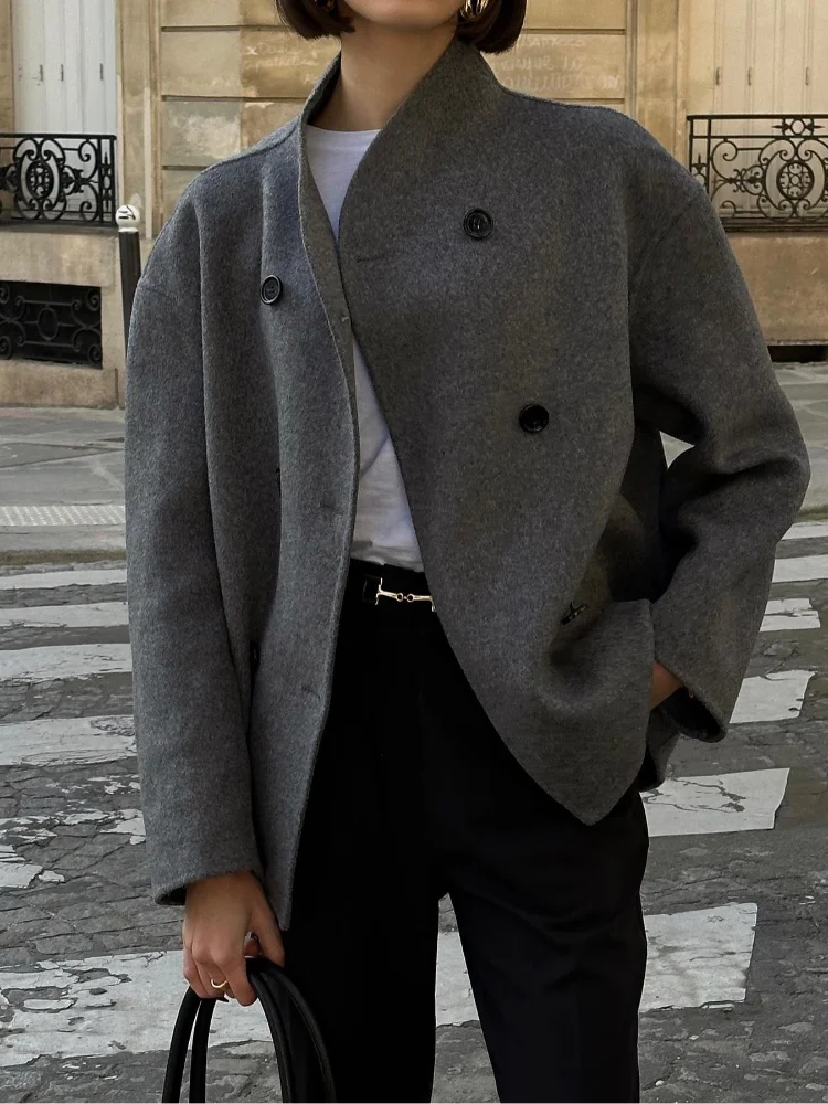 Elegant Wool Women's Coats Loose Casual Double Breasted Stand Collar Short Jacket 2024 Fall Winter Coat Female Commute Outerwear