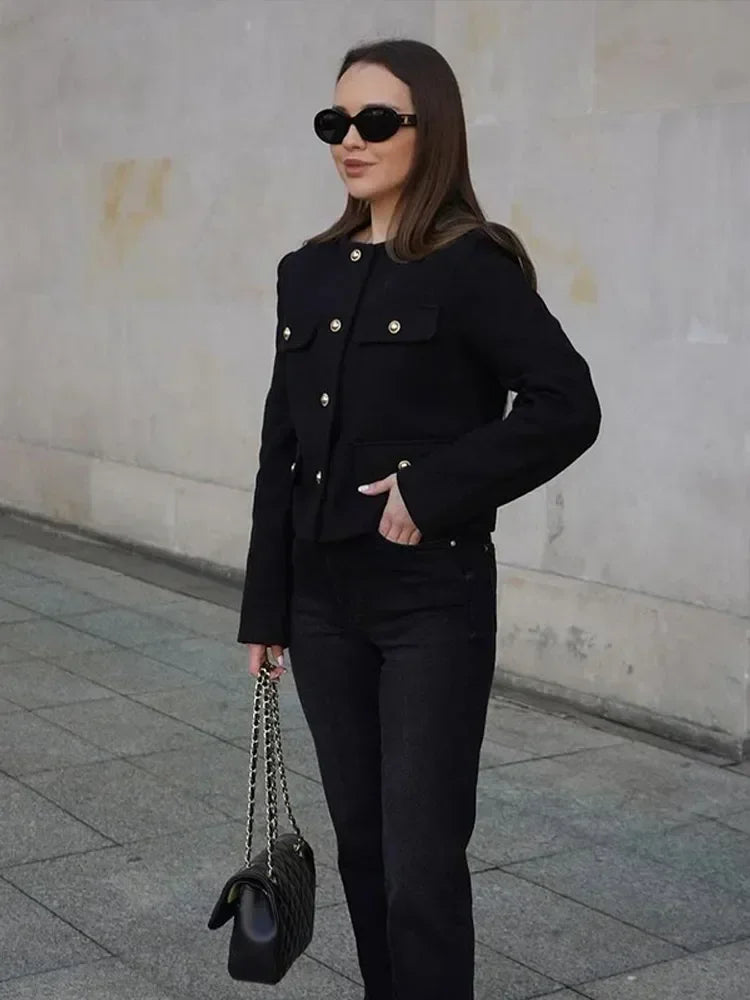 Elegant Solid Button Fake Pocket Jacket Women's Fashion O-neck Long Sleeve Single Breasted Cropped Coats New Lady Chic Outerwear