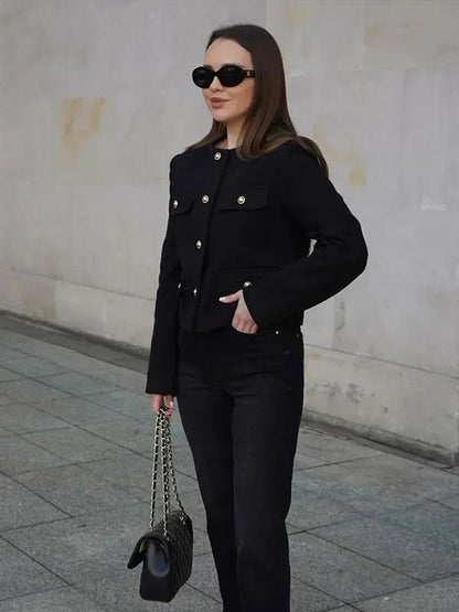 Elegant Solid Button Fake Pocket Jacket Women's Fashion O-neck Long Sleeve Single Breasted Cropped Coats New Lady Chic Outerwear