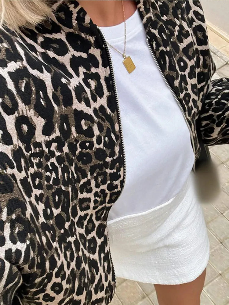 Woman Leopard Print Zipper Long Sleeves Coat Fashion Chic Loose O Neck Short Jackets Autumn Winter Warm High Street Outerwear