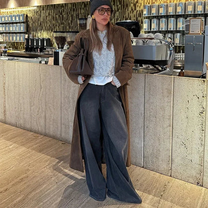 Casual Solid Long Women Streetwear Long Sleeve Turn-down Collar Double Breasted Female Coat 2025 Autumn Fashion Lady Jacket New