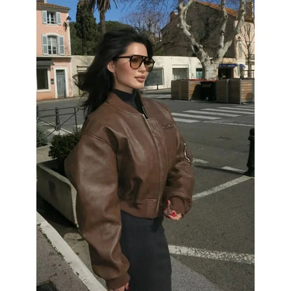 Round Imitation Leather Women Jacket Zipper Solid Loose Female Jackets Autumn Casual Vintage Stand Collar Lady Short Coat