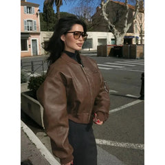 Round Imitation Leather Women Jacket Zipper Solid Loose Female Jackets Autumn Casual Vintage Stand Collar Lady Short Coat