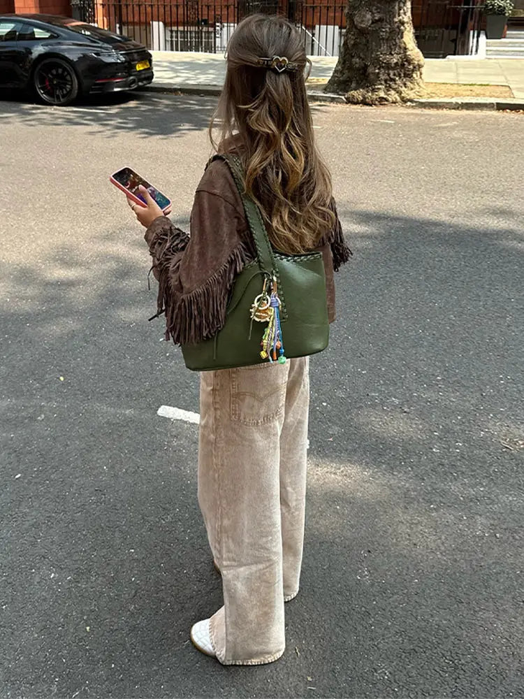 Fashion Tassels Patchwork Long Sleeve Suede Jacket Women Lapel Single Breasted Slim Short Coats 2024 Autumn Lady High Street Top