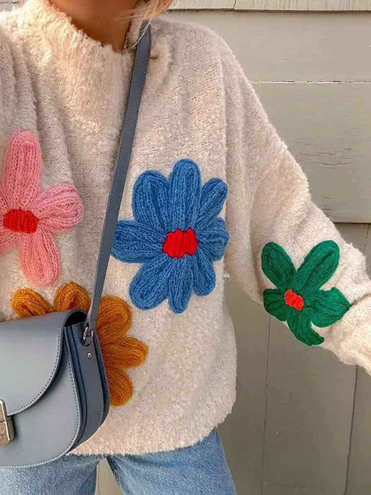 Autumn Knitted Women Sweater Sweet Flower Loose Long Sleeve O-neck Female Pullovers 2025 New Casual Loose Ladies Tops Streetwear