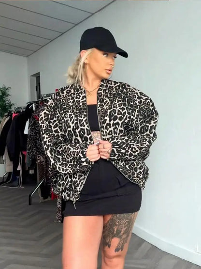 Woman Leopard Print Zipper Long Sleeves Coat Fashion Chic Loose O Neck Short Jackets Autumn Winter Warm High Street Outerwear