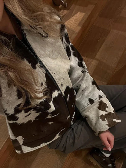 Chic Patchwork Printed Women 's Jackets Vintage Laple Zipper Full Sleeve Short Jacket Lady 2025 Autumn Fashion Female Streetwear