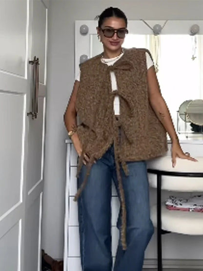 Bow Tied Vests Women Round Neck Short Casual Sleeveless Vest Jacket Woman Waistcoat Streetwear New Women Outerwear 2025 Spring