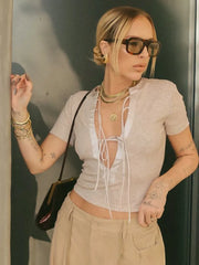 Fashion Short Sleeve Bandage T-shirt 2024 Woman Clothes O-neck Lace-up Slim Crop Top Streetwear Female Coffee Contrast Color Tee