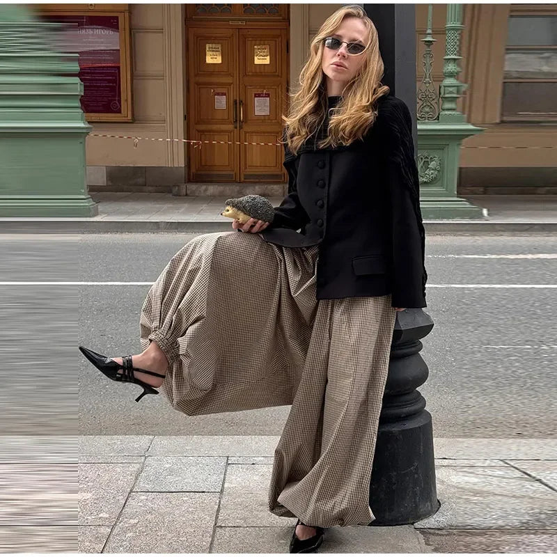 Autumn Print Women Trousers Casual Elastic Waist Foot Binding Dropped Pants Wide Leg Pleated Lady Patchwork Streetwear New