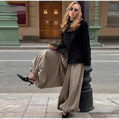 Autumn Print Women Trousers Casual Elastic Waist Foot Binding Dropped Pants Wide Leg Pleated Lady Patchwork Streetwear New