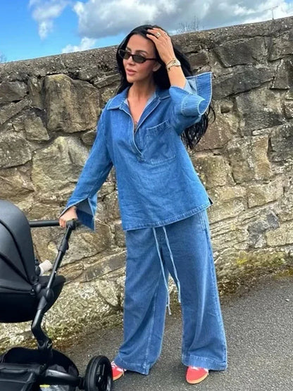 Denim Jacket Pants Set Outfits Women Autumn Winter Blue Pockets Loose 2 Pcs Set Casual Female Matching Set Retro
