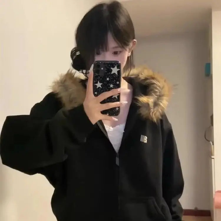 Autumn and Winter Classic Harajuku Style Fashion Retro Hoodie Winter Thick Fur Leather Collar Women's Popular Jacket Top