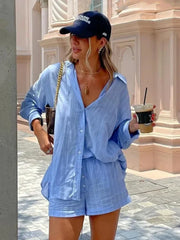 Striped Casual Shorts Set Outfits 2 Pcs Women Summer Spring Set Back Bowknot Buttons Decor Loose Beach Suit Female 2024