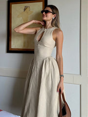Elegant Solid Hollow Out Women Midi Dress Fashion Slim O-neck Sleeveless A-line Dresses 2024 Summer Office Lady Commuting Robes