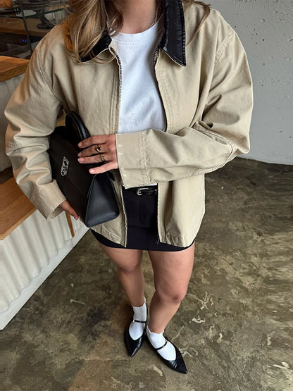 Leather Collar Cargo Jacket Coat Color Patchwork Lapel Button Zipper Pocket Workwear Outwear Loose Casual Minimalist Outwear Top