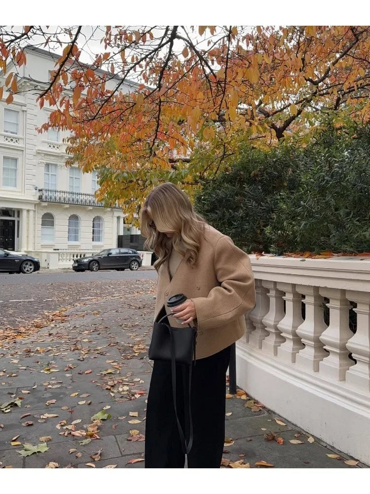 Women V-neck Khaki Thicken Wool Jacket Autumn Winter Chic Loose Blend Coat Female Streetwear Warm Outfit Coats for Women