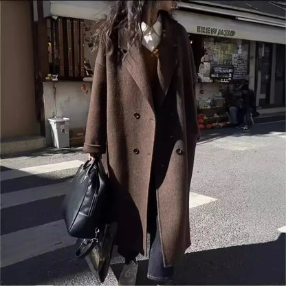 new Women Wool Blend Coat Solid Mid Long Woolen Blazer Thick Warm Blouse Women's Overcoat Office Lady Tops Autumn Winter