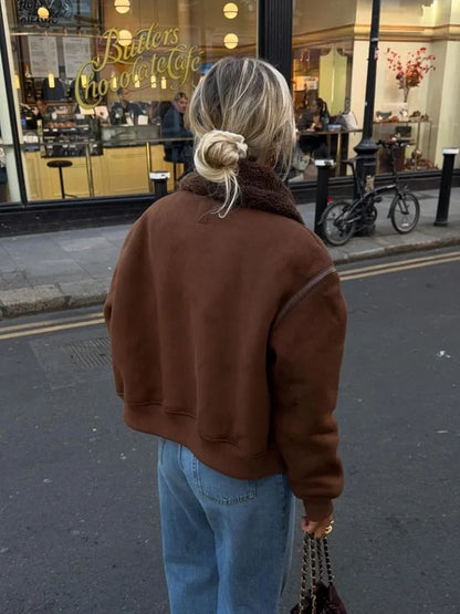 Vintage Coffee Lamb Wool Lapel Jackets For Women Chic Zipper Long Sleeved Thicken Warm Coats New Female Winter Streetwear