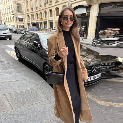 Casual Solid Long Women Streetwear Long Sleeve Turn-down Collar Double Breasted Female Coat 2025 Autumn Fashion Lady Jacket New