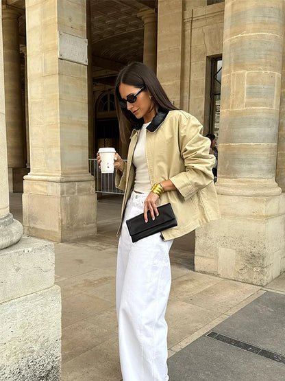 Leather Collar Cargo Jacket Coat Color Patchwork Lapel Button Zipper Pocket Workwear Outwear Loose Casual Minimalist Outwear Top