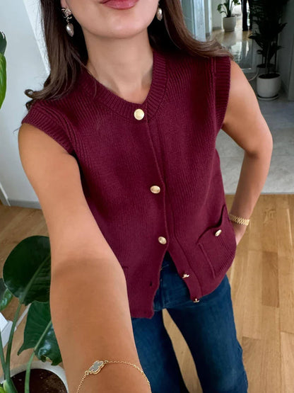 Pocket Solid Cardigan Vest Women O Neck Single Breasted Sleeveless Knit Waistcoat 2025 New Simple Casual Fashion Sweater Jacket