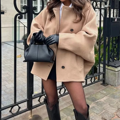 Diagonal Breasted Warm Loose Jacket Women Lapel Double Pocket Batwing Sleeve Solid Coats Winter Female Chic Vintage Outwear