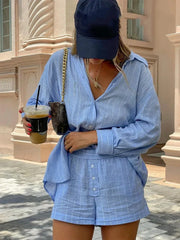 Striped Casual Shorts Set Outfits 2 Pcs Women Summer Spring Set Back Bowknot Buttons Decor Loose Beach Suit Female 2024