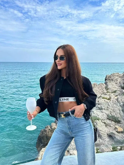 Basic Stand Collar Women Jacket Long Sleeve Cardigan Button Up Cropped Coat Baseball Outerwear Autumn Winter Clothes